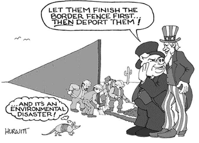 US border fence, cartoon